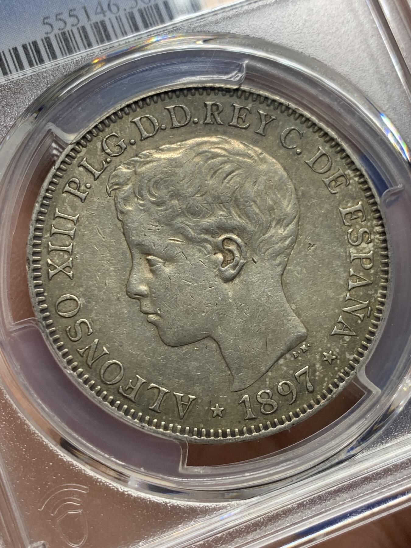 《竞宝斋》第444场 周日，周一，2场连拍 （全场包邮） PCGS AU50 西属菲律宾1897年1比索银币，有分少见，多次成交价过3000。