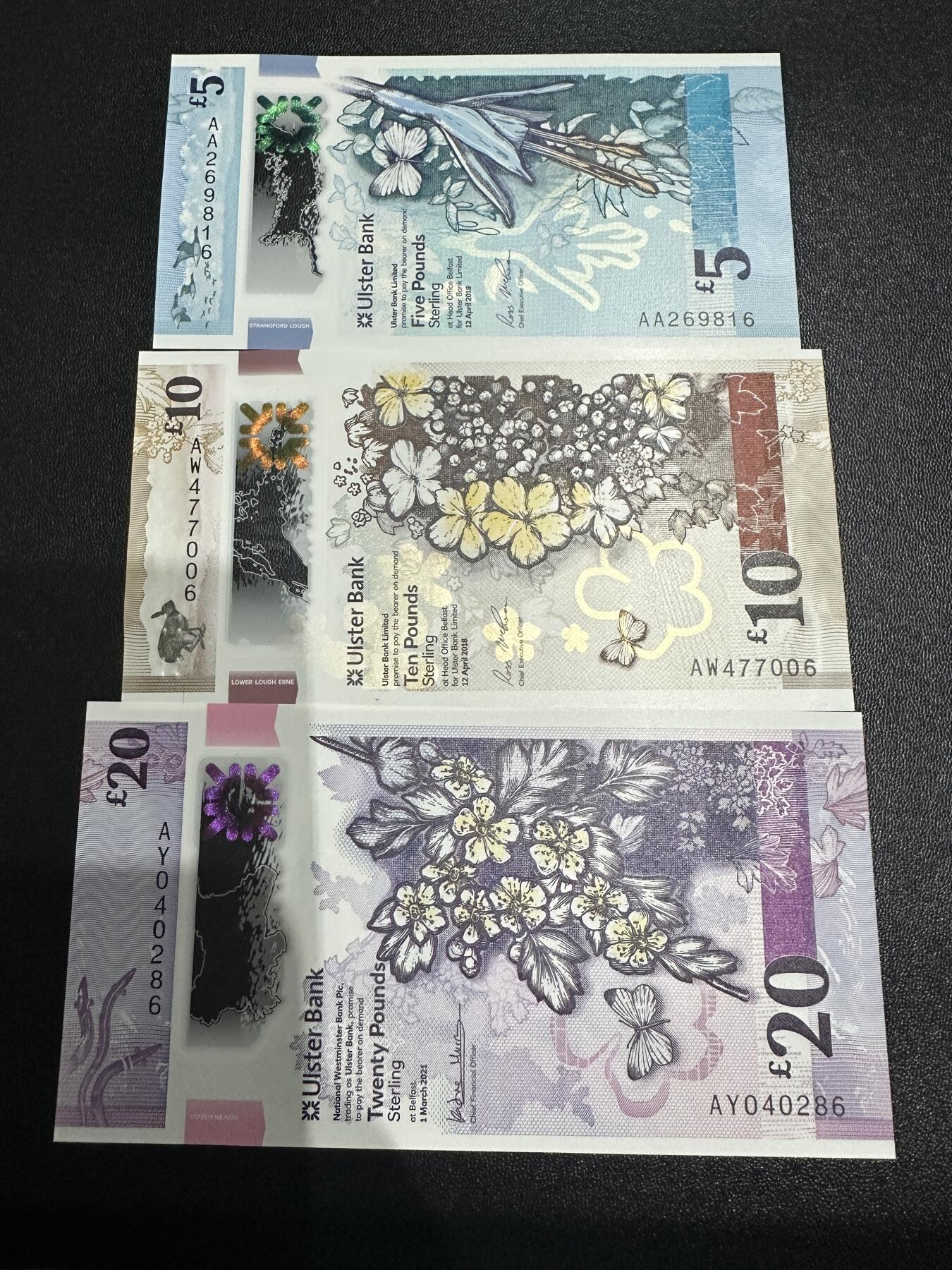 《外钞收藏家》第五百九十期（欧洲强钞、港币、硬通货及丰富裸币大拍场）（本平台长期征集拍品、欢迎藏友们联系合作） 北爱尔兰 阿尔斯特银行5（AA）、10、20镑 3张一起 全新UNC 全部是靓号尾6