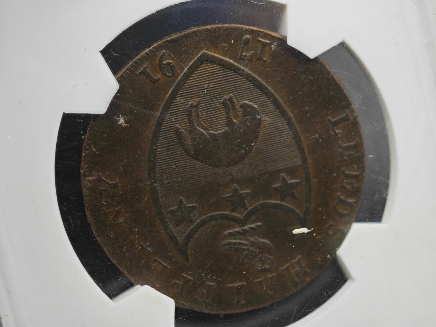 12月1日精品徽章专场 华夏评级 1791年英国金羊毛代用铜币