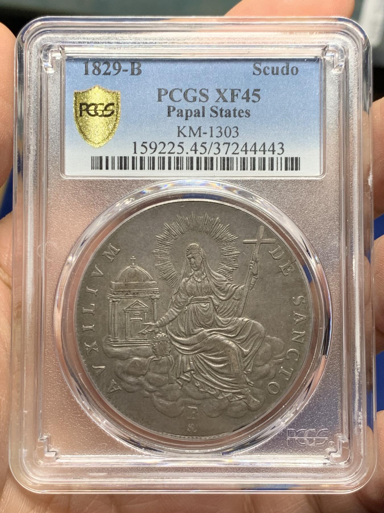 《竞宝斋》第444场 周日，周一，2场连拍 （全场包邮） PCGS XF45 梵蒂冈 教皇国 1829年 教皇缺位 1斯库多 大银币 人像清晰 这个状态在同期教皇国大银币中少见