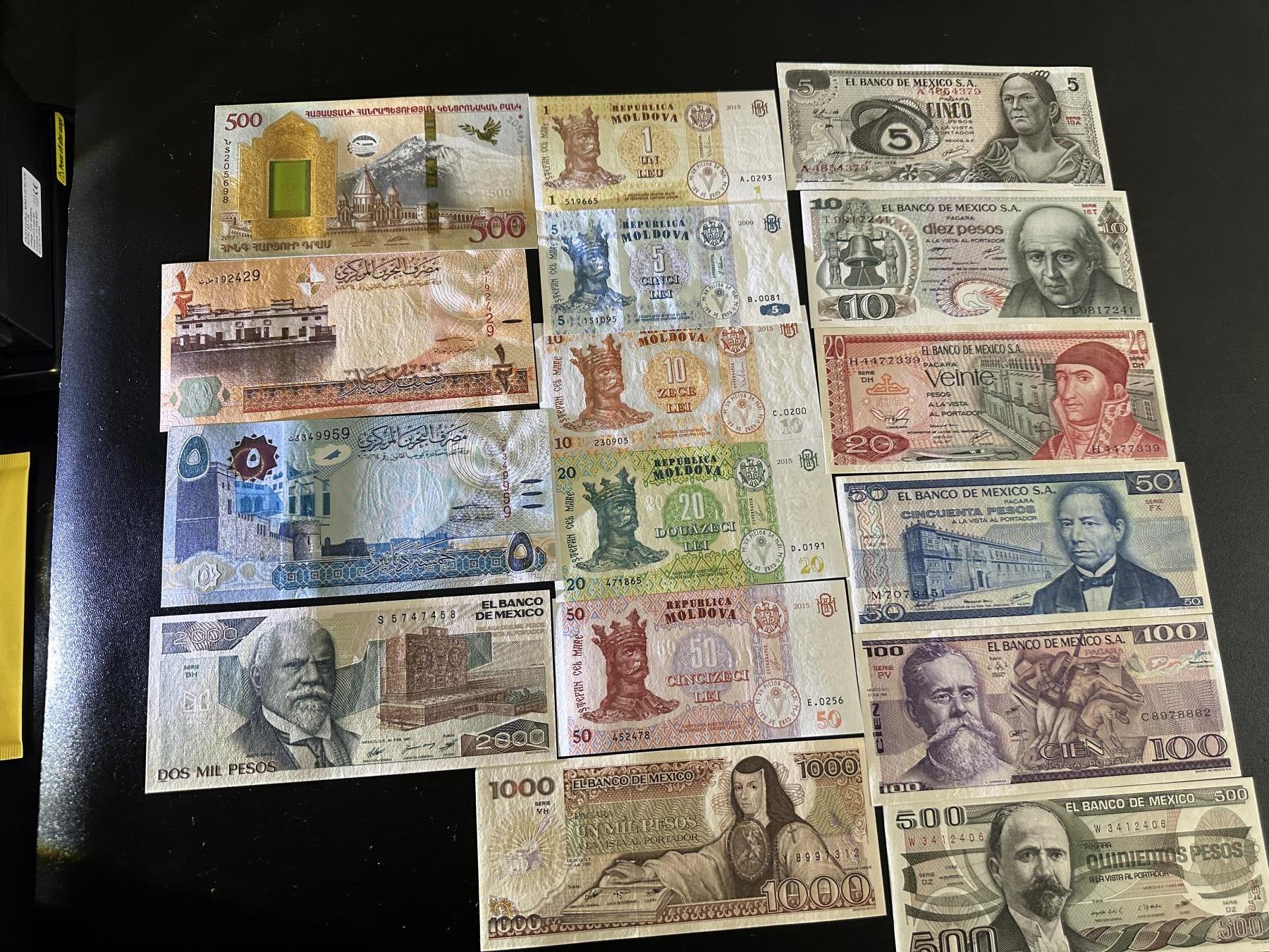 《外钞收藏家》第五百九十期（欧洲强钞、港币、硬通货及丰富裸币大拍场）（本平台长期征集拍品、欢迎藏友们联系合作） 亚美尼亚、巴林、摩尔多瓦、墨西哥17张一起 全新 墨西哥比索边上轻微潮