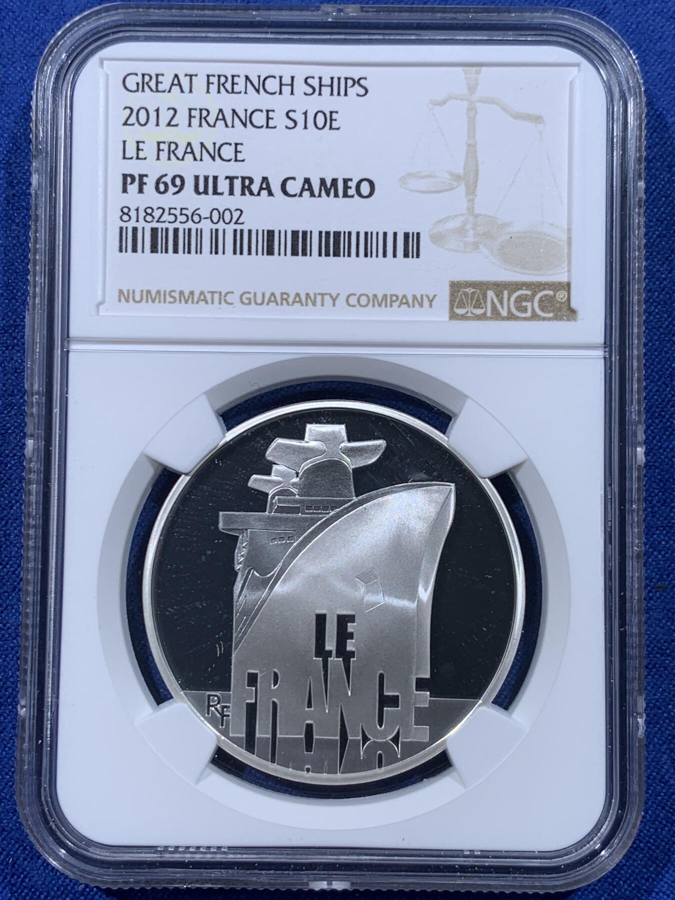 《竞宝斋》第444场 周日，周一，2场连拍 （全场包邮） NGC PF69UC 法国2012年邮轮10欧元银币 获奖币 正面远洋客轮“法国号”的船首 900银 22.2克