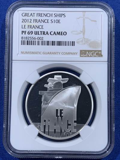 《竞宝斋》第444场 周日，周一，2场连拍 （全场包邮） - NGC PF69UC 法国2012年邮轮10欧元银币 获奖币 正面远洋客轮“法国号”的船首 900银 22.2克