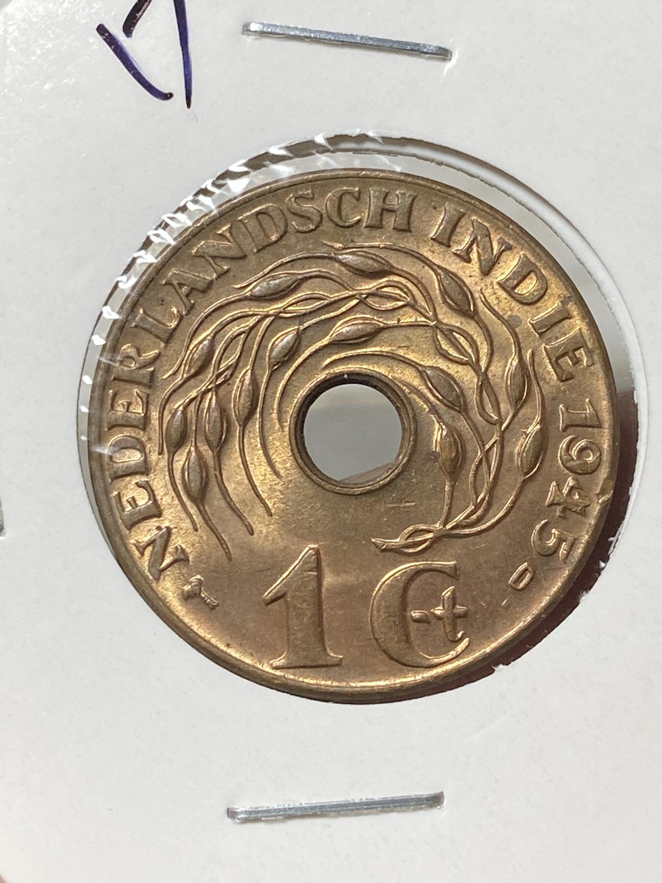 2025年第一百三十三场(总第一百五十九场）外国好品纸夹散币场(免佣金) 原光全新–荷属东印度1945年1分(D标，丹佛造)