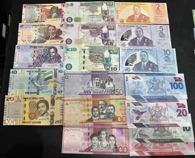 《外钞收藏家》第五百九十期（欧洲强钞、港币、硬通货及丰富裸币大拍场）（本平台长期征集拍品、欢迎藏友们联系合作） - 塞拉利昂、赞比亚、多米尼加、汤加、特里达尼亚和多巴哥 五个国家19张一起 全新UNC