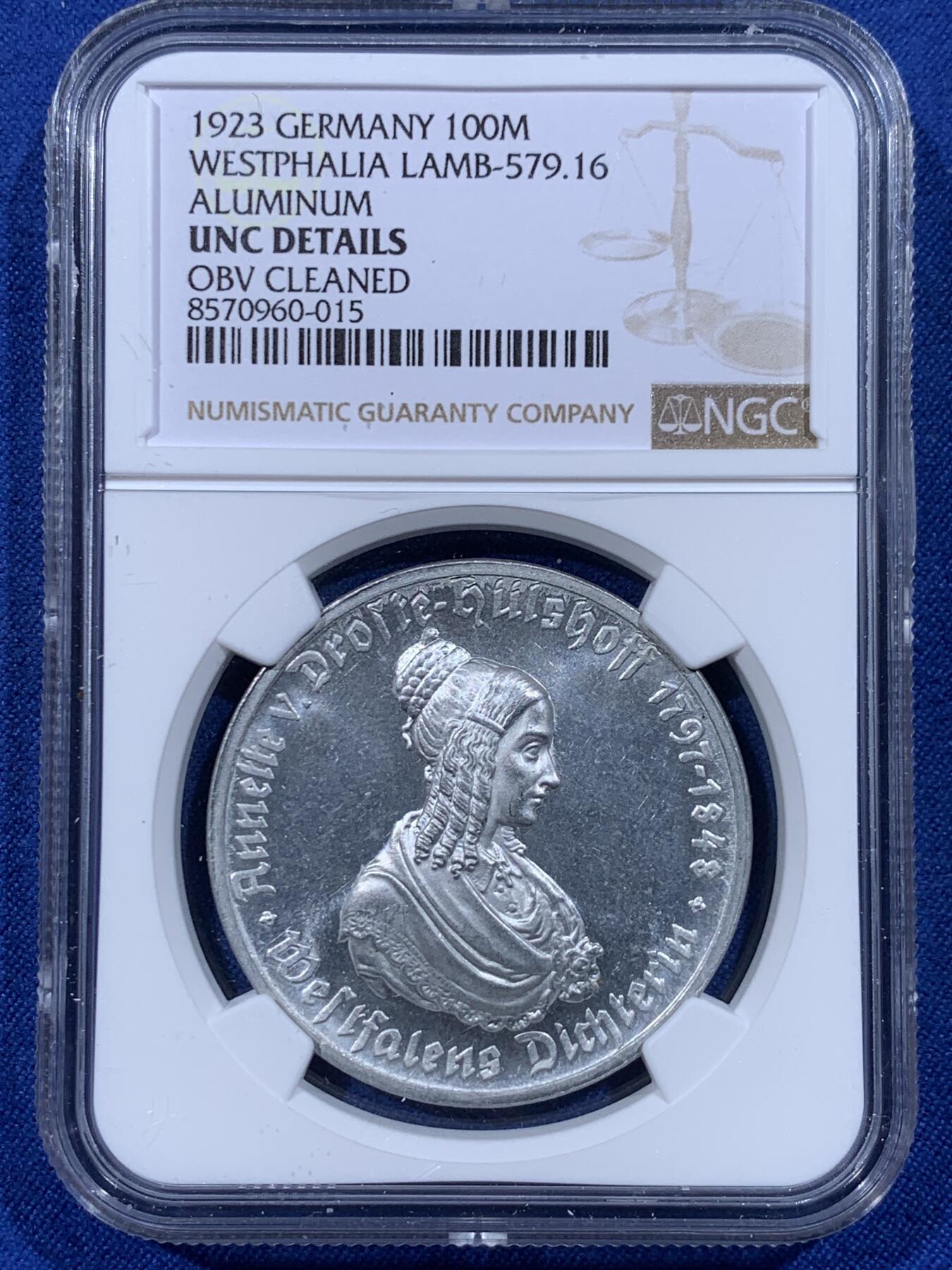 《竞宝斋》第444场 周日，周一，2场连拍 （全场包邮） NGC UNCD 德国1923年威斯特法轮100马克大铝币，状态非常好的一枚