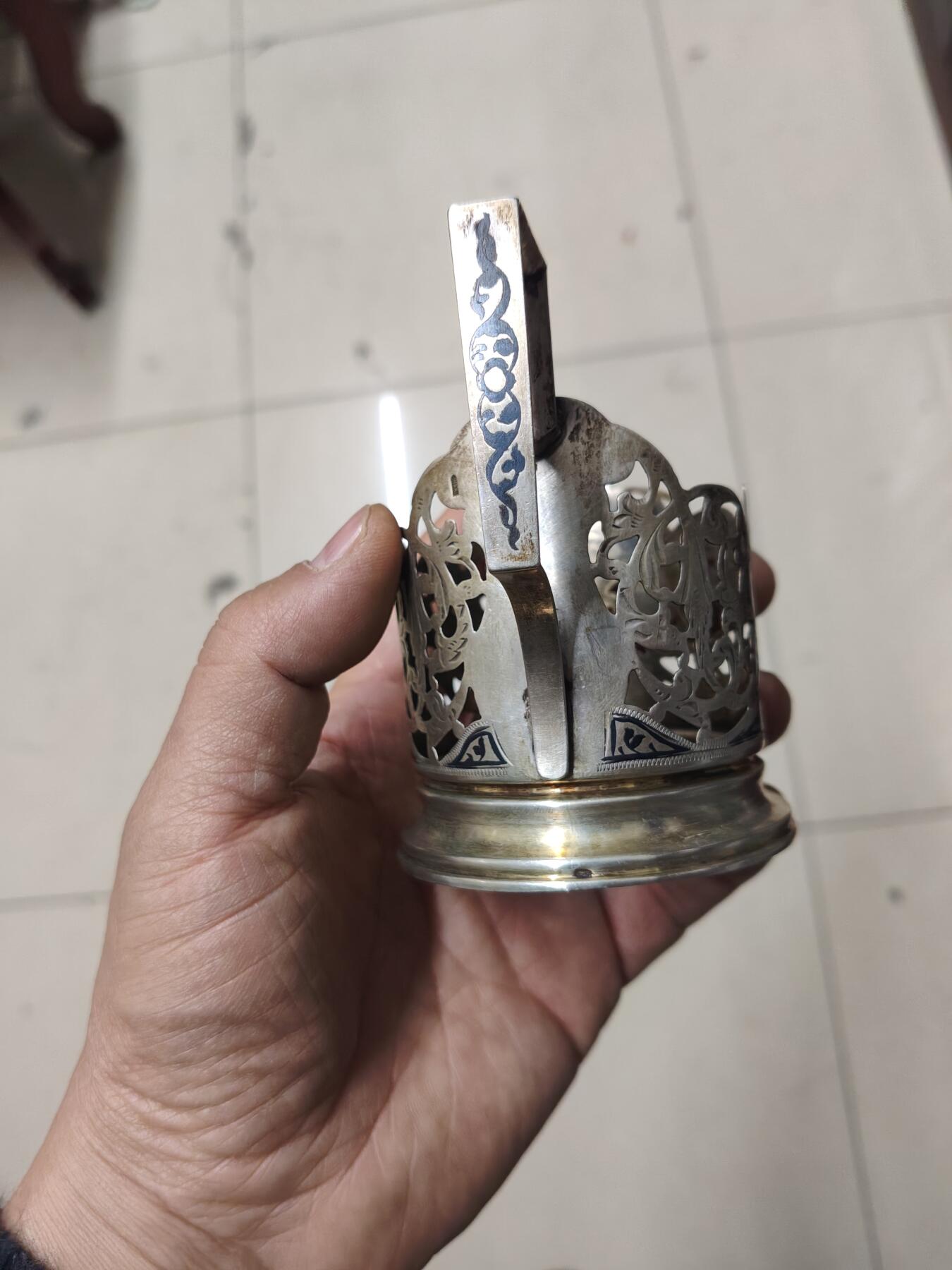 老银件 苏联乌银镶嵌老银制杯托4