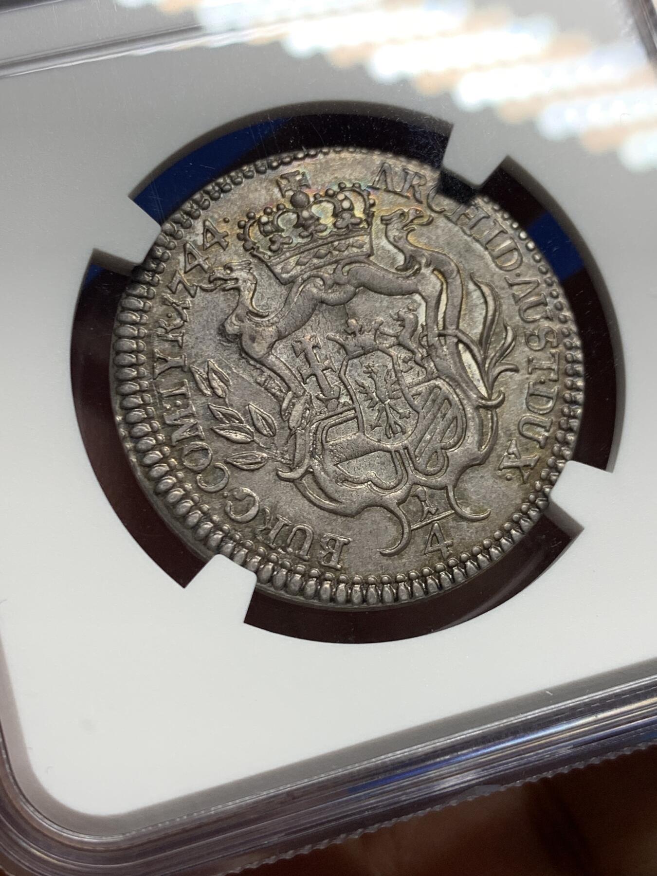 《竞宝斋》第444场 周日，周一，2场连拍 （全场包邮） NGC AU55 神圣罗马帝国1744年特蕾莎女王1/4泰勒银币  季军分，黄油原光包浆，严重低评，稀缺品种