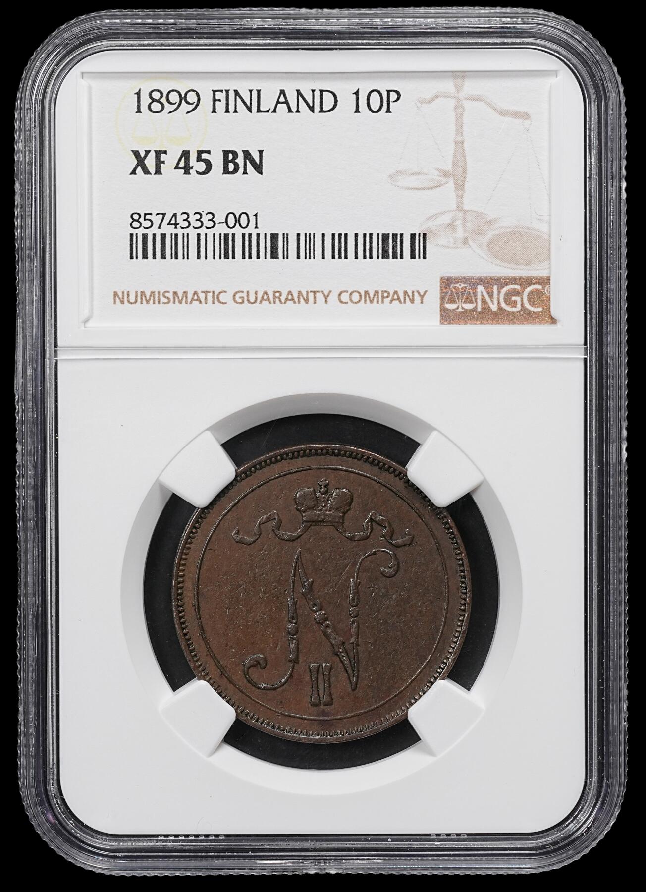 修遠堂世界钱币第九十六期 NGC XF45BN 1899年芬兰10盆尼铜币 较少见的年份