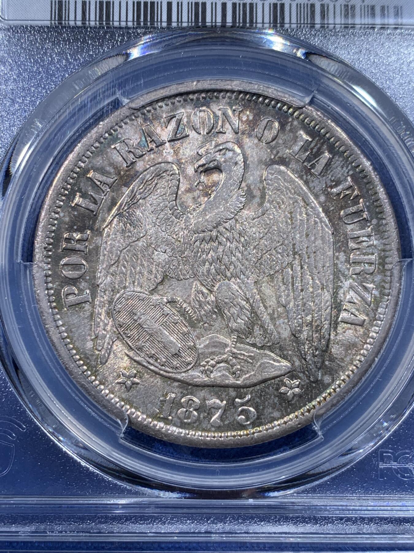 《竞宝斋》第444场 周日，周一，2场连拍 （全场包邮） PCGS MS63 智利 1875年 1比索 安第斯神鹰 银币 五彩包浆 季军分 更高分仅3枚