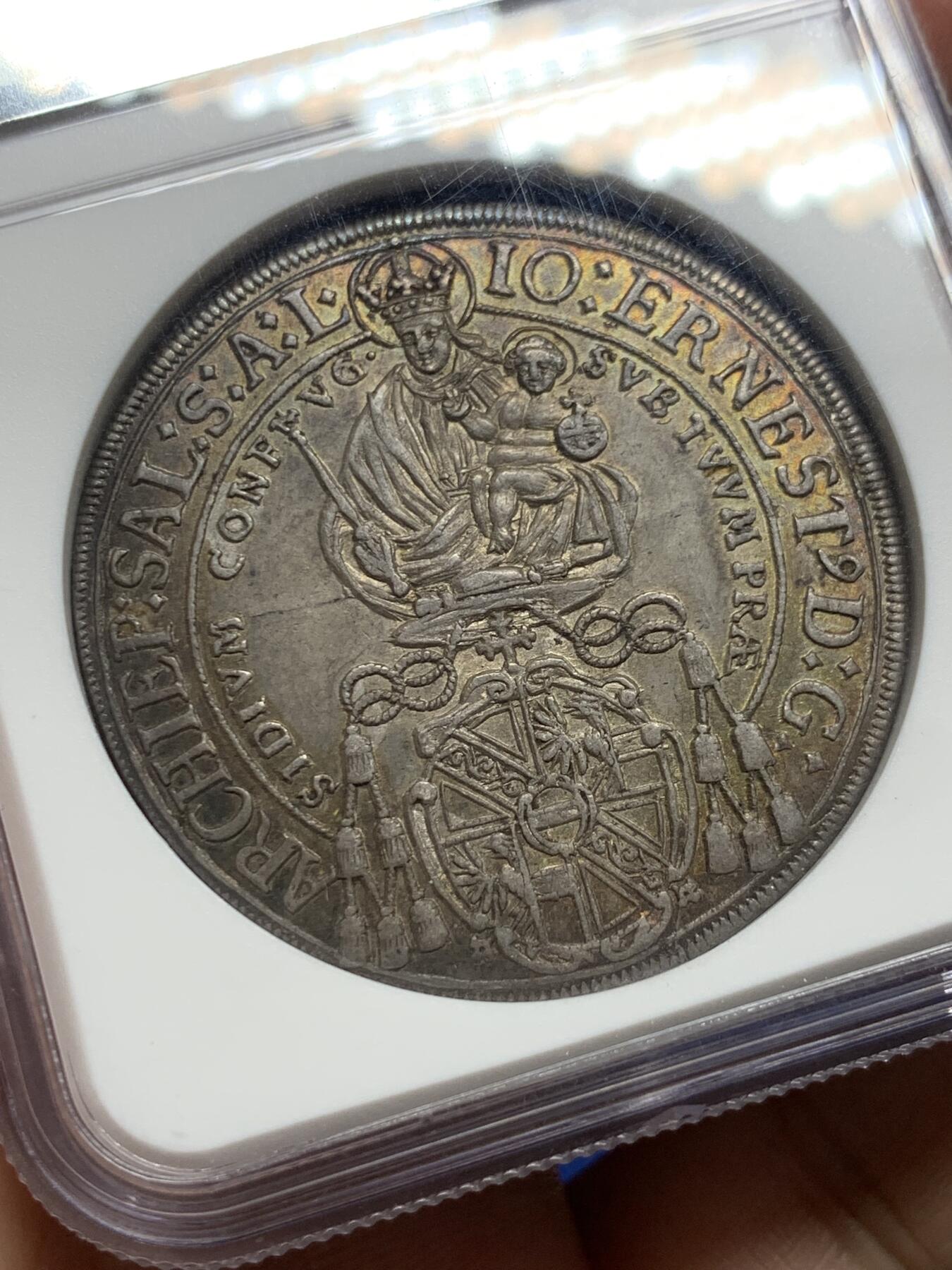 《竞宝斋》第444场 周日，周一，2场连拍 （全场包邮） NGC MS61 神罗萨尔茨堡1697年1泰勒银币，正面鲁伯特像，背面圣母抱婴，双面彩包浆，有点低评