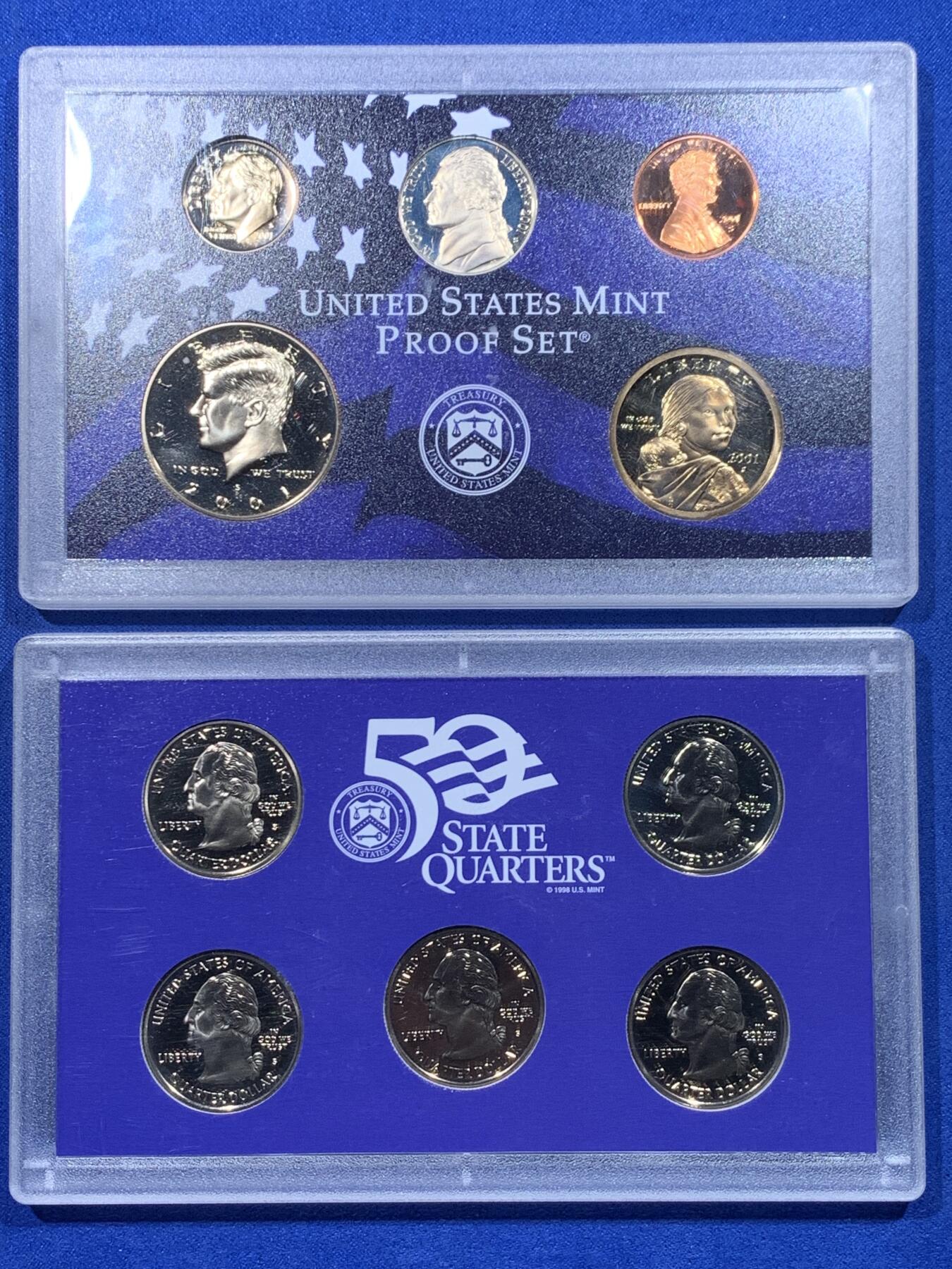 《竞宝斋》第444场 周日，周一，2场连拍 （全场包邮） 美国2001年精制币10枚（州币5枚，其他5枚）带证书+英国1996年套币8枚含2英镑（北京96国际钱币展）