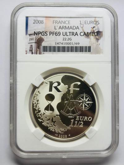 文馨钱币收藏第 283 场，【大雪鉴珍，寒英缀金】金银纪念币精品场，诚邀您的参与【长期接代拍品】 - 2008 年法国纪念欧元   1-1/2 欧元精制纪念大银币，22.2 克 900 高银 NPGS 评级 PF69 亚军分