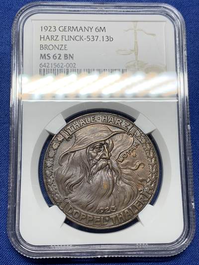 《竞宝斋》第444场 周日，周一，2场连拍 （全场包邮） - NGC MS62BN 德国紧急状态时期塔勒哈茨1923山涧6马克(带星版)，很舒服的包浆。