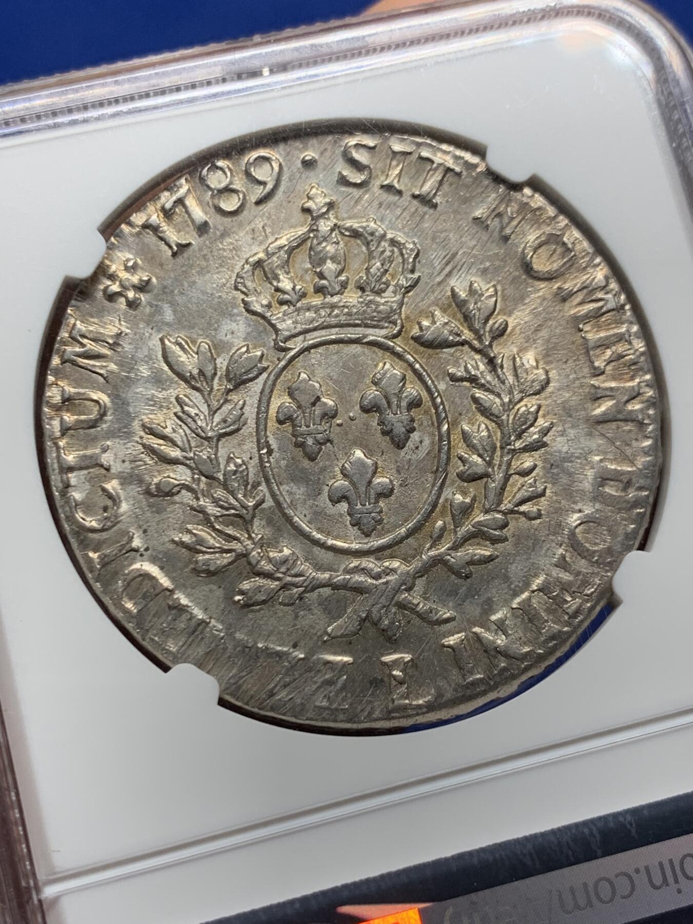 《竞宝斋》第444场 周日，周一，2场连拍 （全场包邮） NGC AU58 法国 1789年L 大革命年份 路易十六埃居大银币 打制不错 整体带光