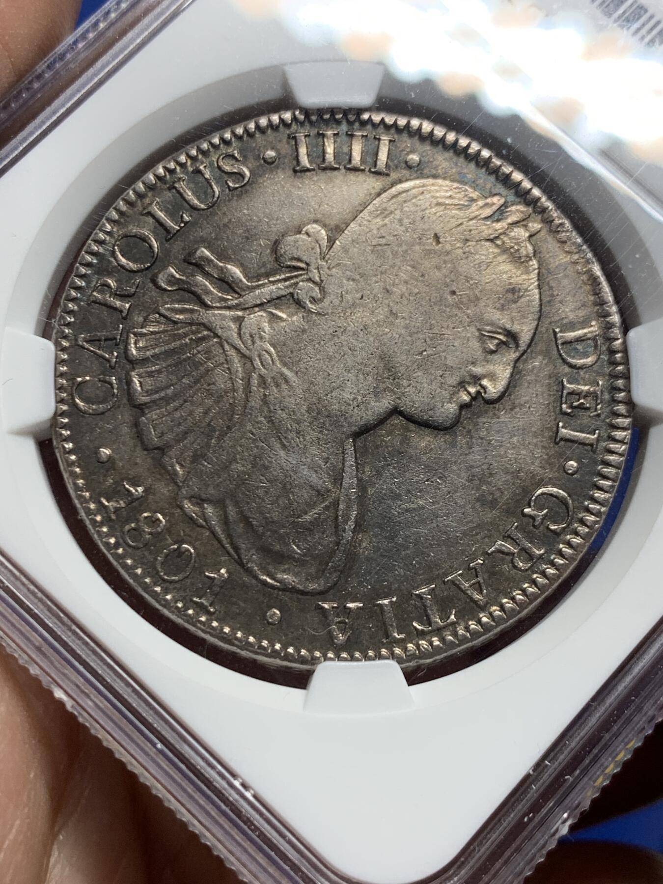 《竞宝斋》第444场 周日，周一，2场连拍 （全场包邮） NGC VFD 墨西哥 1801 MO FT/FM 卡四双柱银币，少见骑字版，彩也漂亮