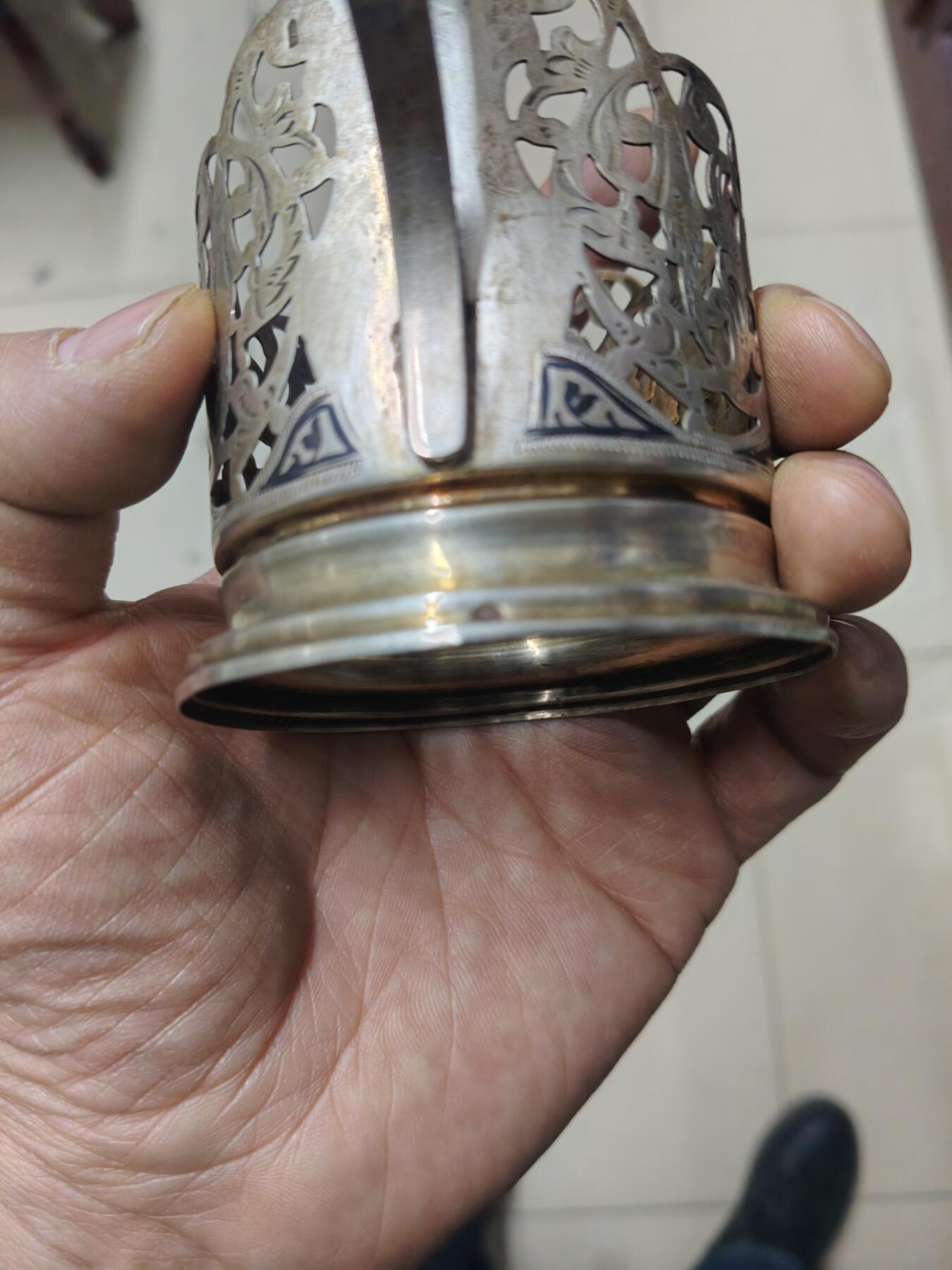 老银件 苏联乌银镶嵌老银制杯托4