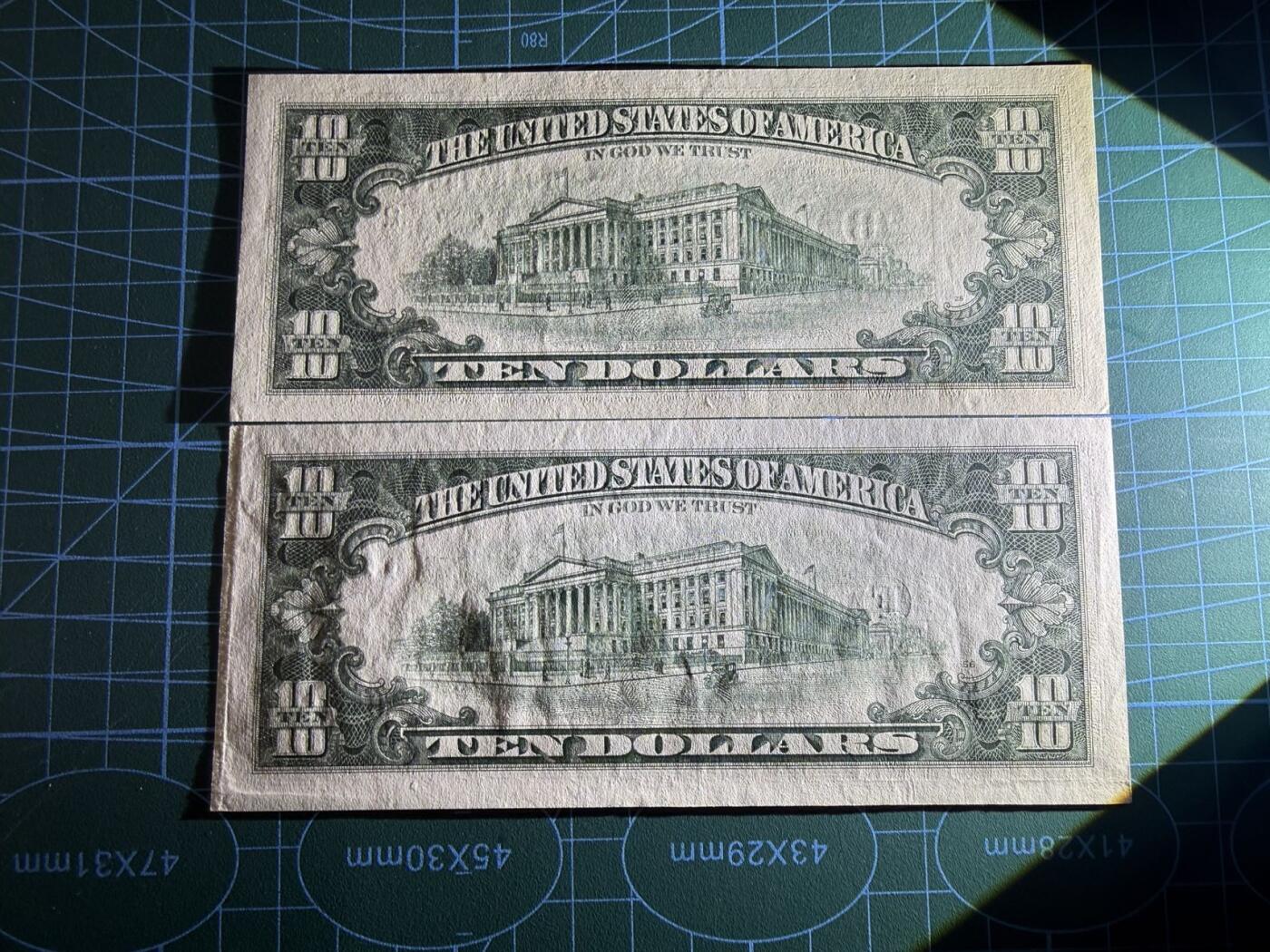 【炜奕收藏】，第五十二期 1995年美国10美元两张，UNC-/UNC品相，包含一张补号