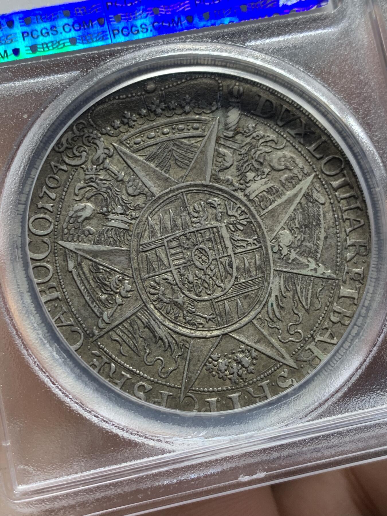 《竞宝斋》第444场 周日，周一，2场连拍 （全场包邮） PCGS AU50 神圣罗马帝国 波西米亚王国 奥尔穆茨主教区1704年泰勒大银币 原味深打 加厚盒装