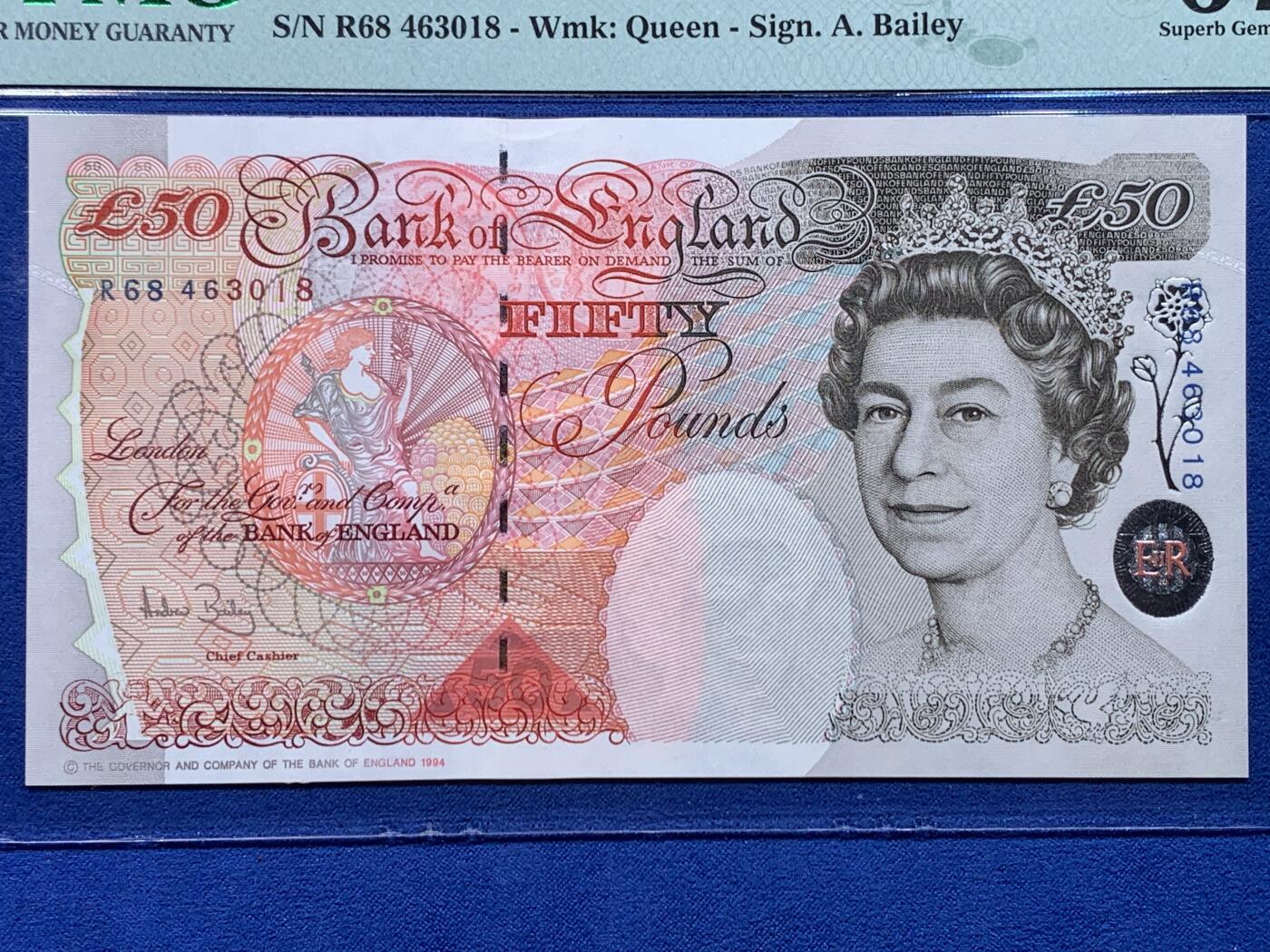 《竞宝斋》第444场 周日，周一，2场连拍 （全场包邮） PMG 67EPQ 英国E序列 1994年50镑 女王钞 高分