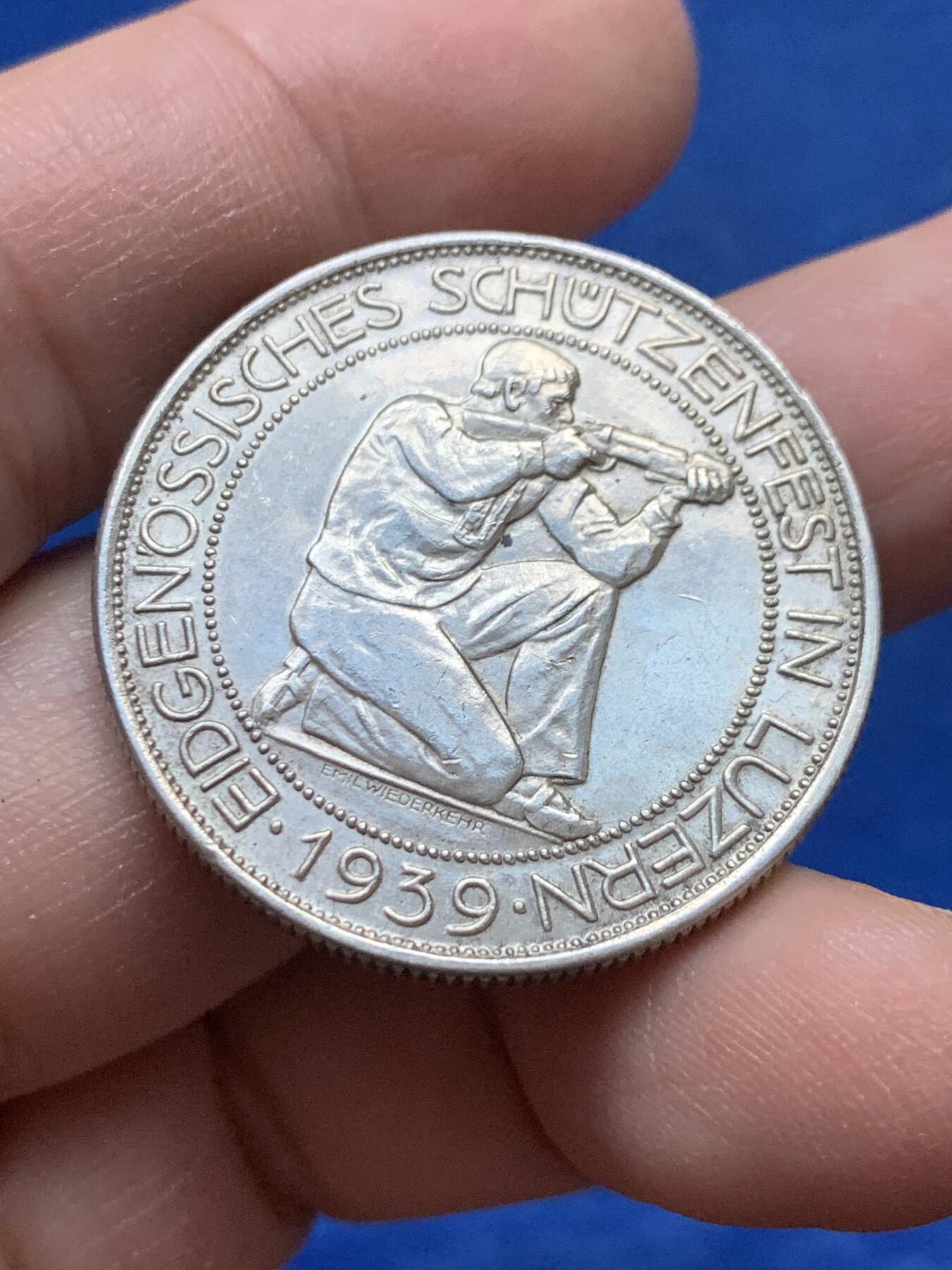 《竞宝斋》第444场 周日，周一，2场连拍 （全场包邮） 瑞士1939年卢塞恩射击节5法郎银币