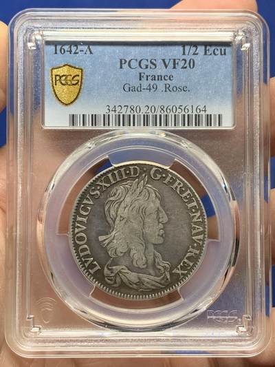 《竞宝斋》第444场 周日，周一，2场连拍 （全场包邮） - PCGS VF20 法国 路易十三 1642年-A 1/2埃居银币 路易十三的银币价格要比其子路易十四昂贵得多 这枚克书价高 大珍品种