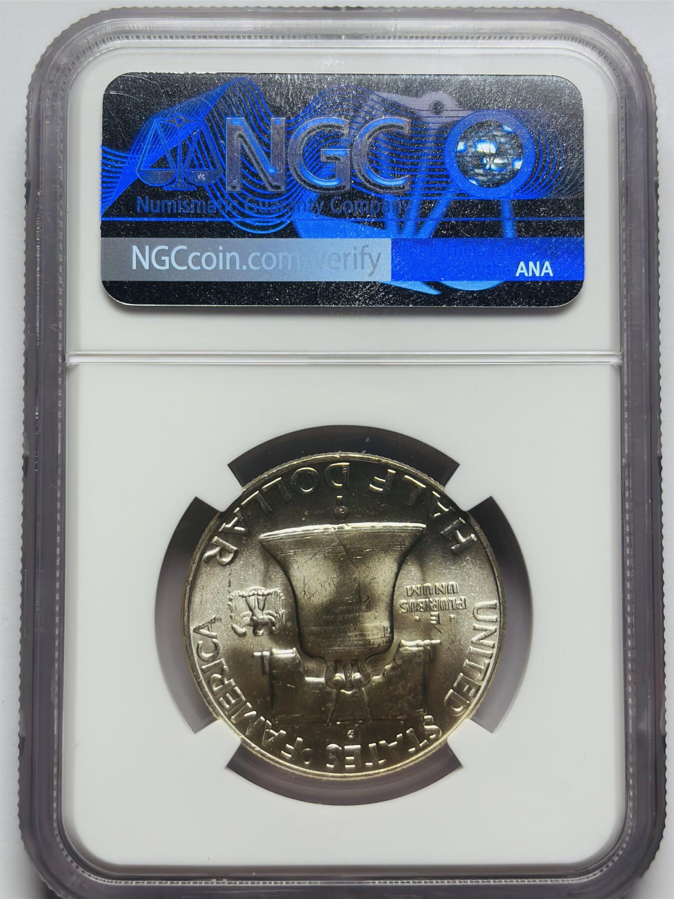 文馨钱币收藏第 283 场，【大雪鉴珍，寒英缀金】金银纪念币精品场，诚邀您的参与【长期接代拍品】 1959 年美国富兰克林半美元银币 D 版 NGC 评级 MS63 分，卷拆品相，转光耀眼，63 分实属低评了