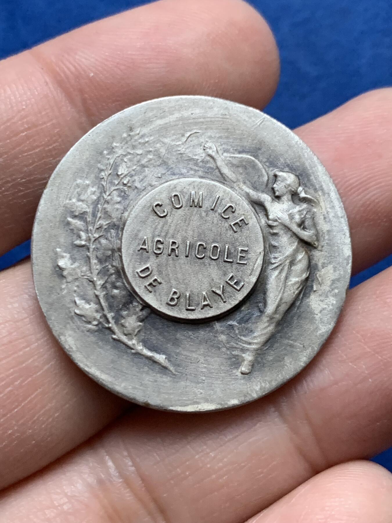 《竞宝斋》第444场 周日，周一，2场连拍 （全场包邮） 法国布拉伊农业博览会镀银纪念章 15.25克 31.9mm 带盒