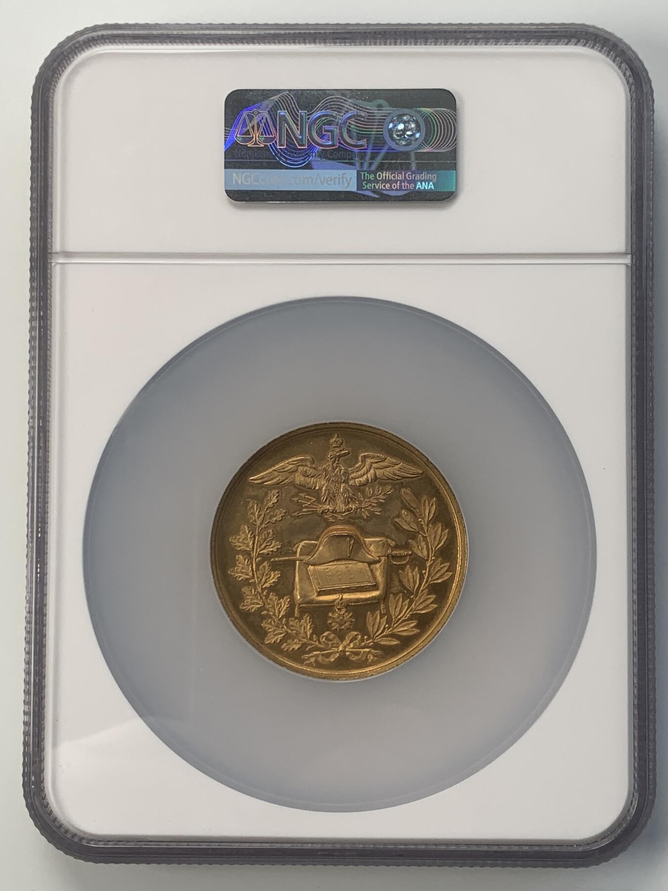 掌中浮雕-藏着的欧洲第044场 NGC MS62 : 1869年法国拿破仑一世百年诞辰纪念镀金大铜章，50mm，光边无边铭