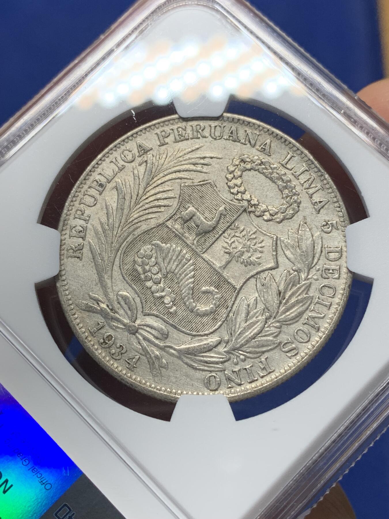 《竞宝斋》第444场 周日，周一，2场连拍 （全场包邮） NGC AU 秘鲁 1934年 1索尔 女神 银币