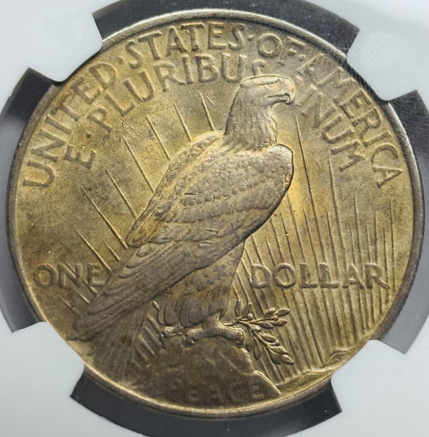 文馨钱币收藏第 283 场，【大雪鉴珍，寒英缀金】金银纪念币精品场，诚邀您的参与【长期接代拍品】 1922 年美国和平鸽一元银元，NGC 评级 AUD，金色包浆立体饱满，整体金黄状态，视觉感拉满