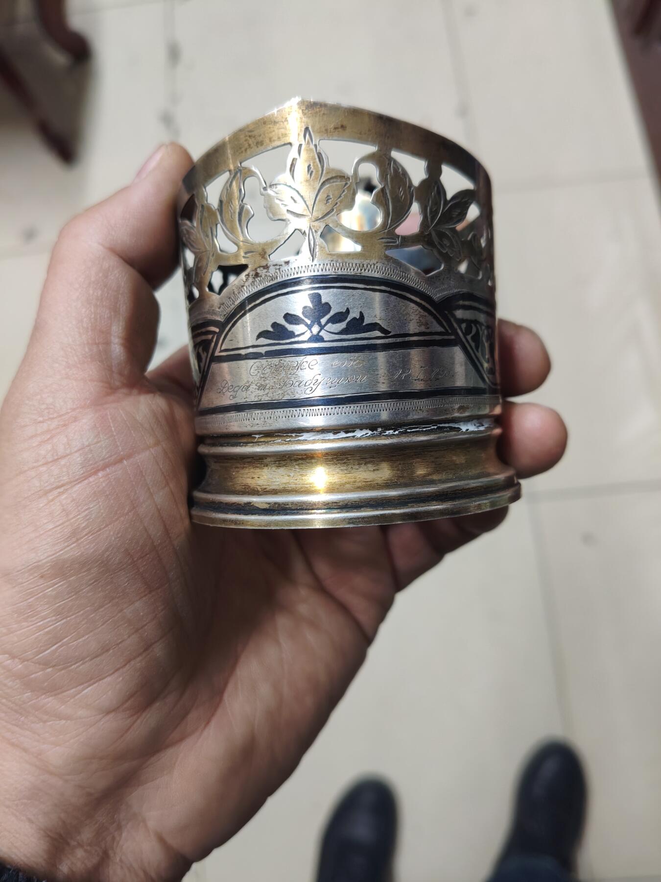 老银件 苏联乌银镶嵌老银制杯托2