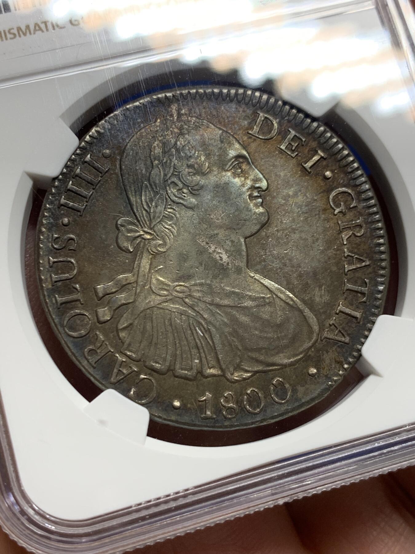 《竞宝斋》第444场 周日，周一，2场连拍 （全场包邮） NGC UNCD 墨西哥 1800年 卡洛斯四世 8里亚尔大银币 酱彩老包浆 币面压力十足 全深打 细节好