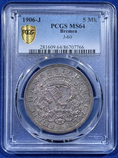 《竞宝斋》第444场 周日，周一，2场连拍 （全场包邮） - PCGS MS64 德国1906J 不莱美5马克 银币 双面原味淡灰包浆 整体状态极优
