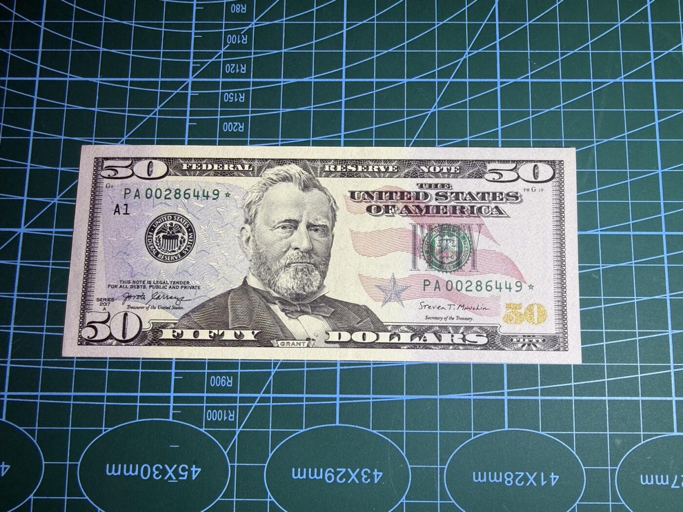 【炜奕收藏】，第五十二期 2017年美国50美元，UNC-品相，补号