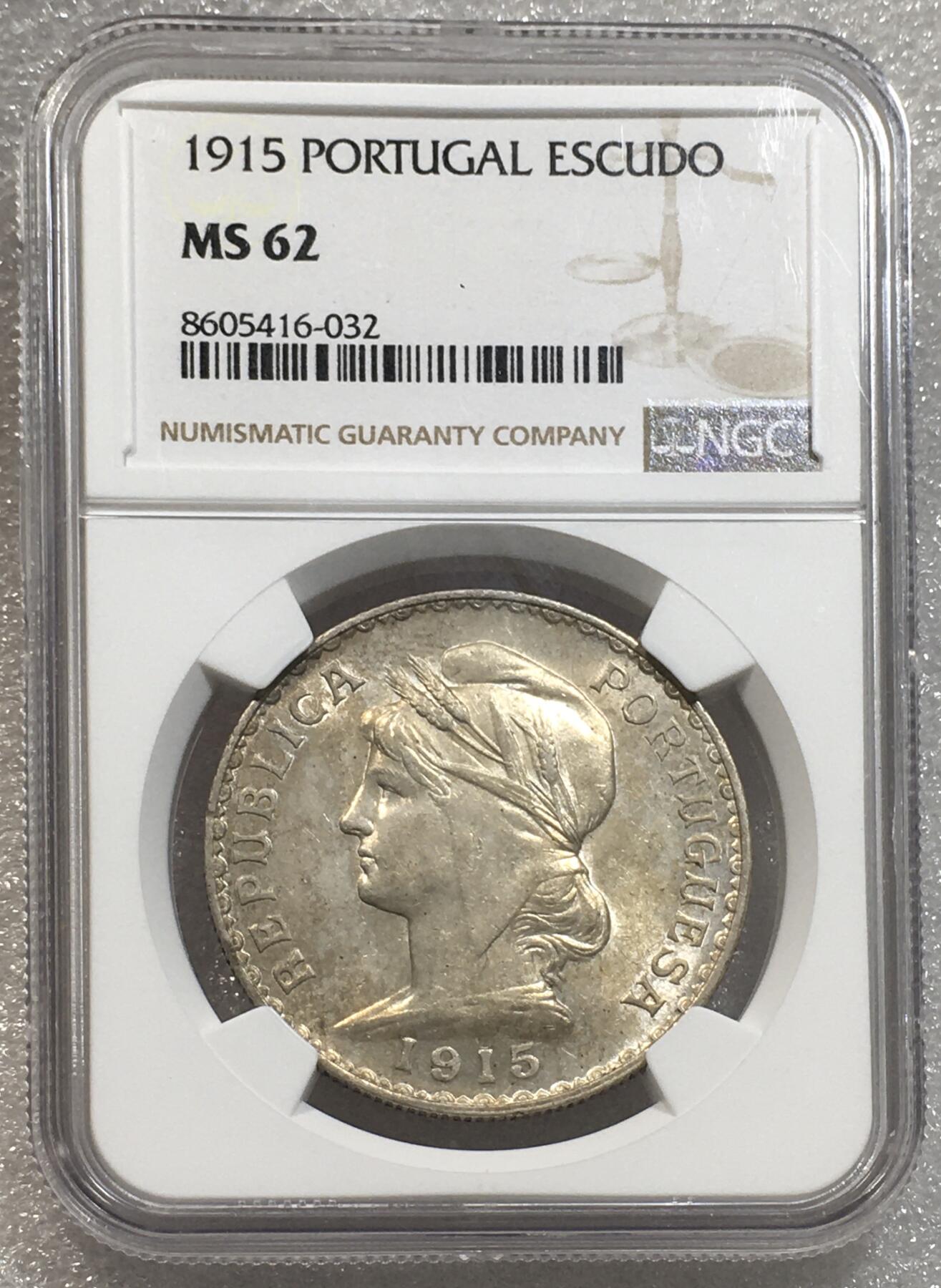 世界钱币专场拍卖 每周二开拍 NGC MS62分1915年葡萄牙谷物女神1埃斯库多银币