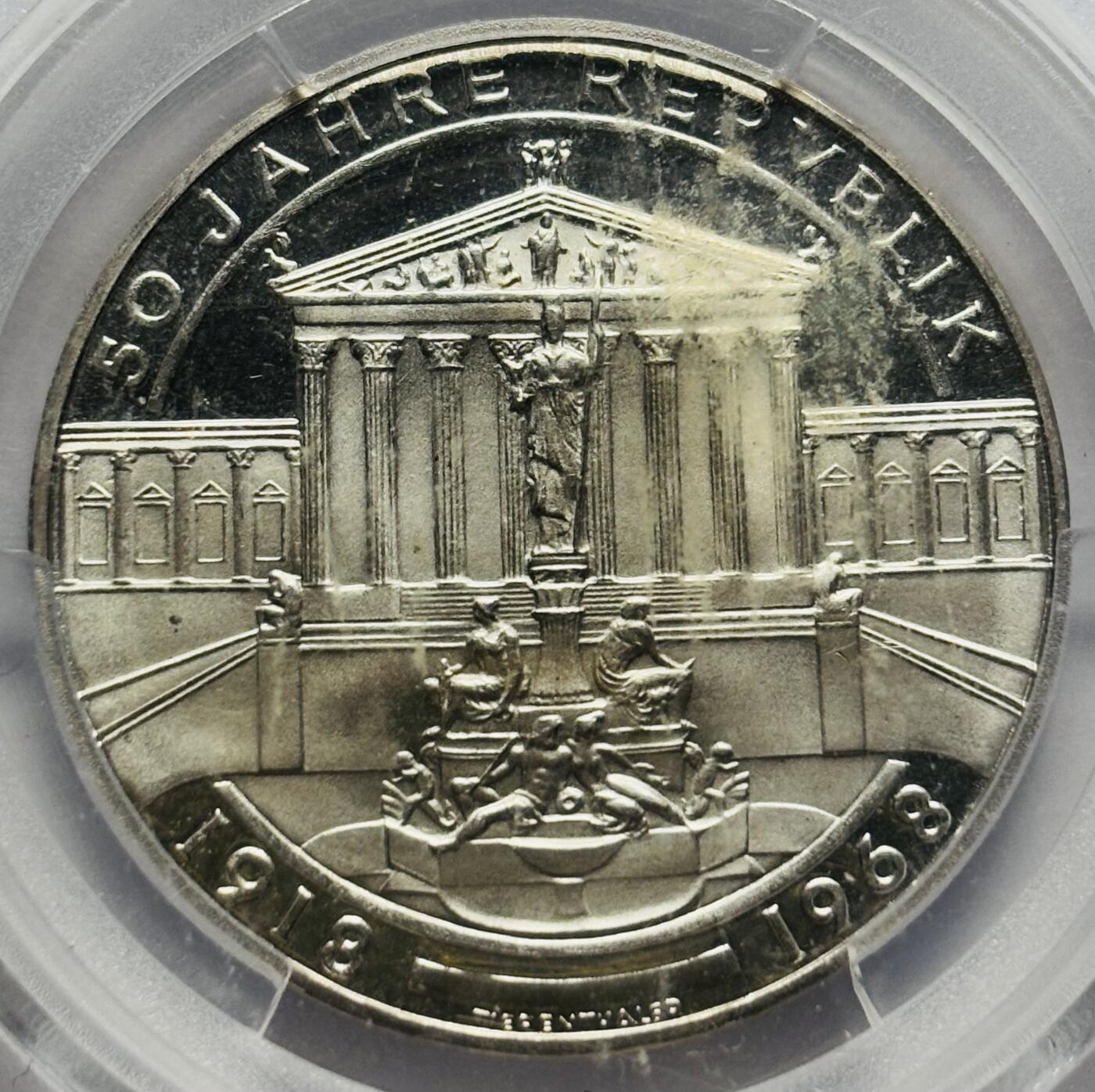 文馨钱币收藏第 283 场，【大雪鉴珍，寒英缀金】金银纪念币精品场，诚邀您的参与【长期接代拍品】 1968 年奥地利共和国 50 周年纪念银币 50 先令，国内知名权威机构爱藏评级 MS66 分