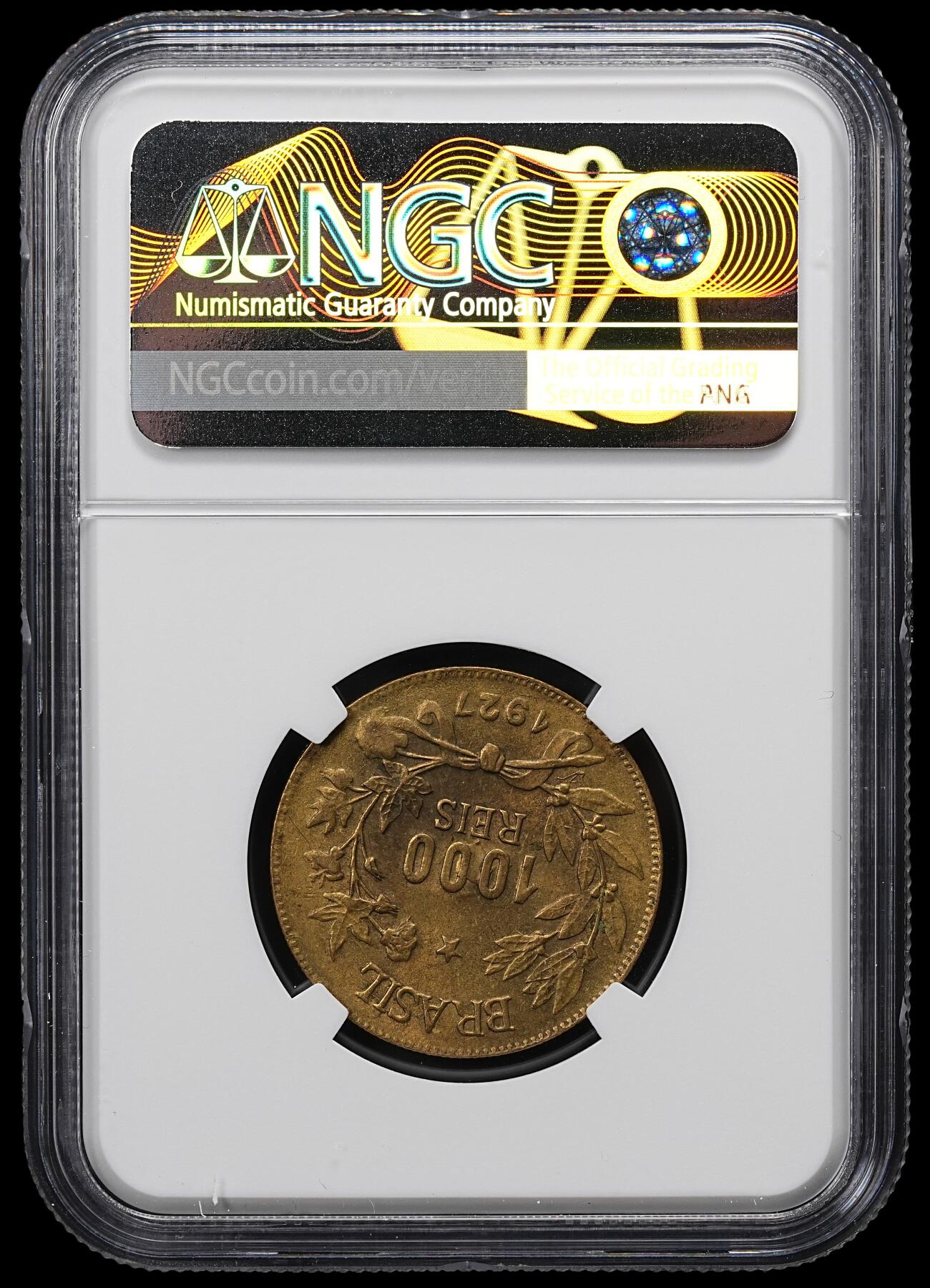 修遠堂世界钱币第九十六期 NGC MS63 1927年巴西1000 REIS