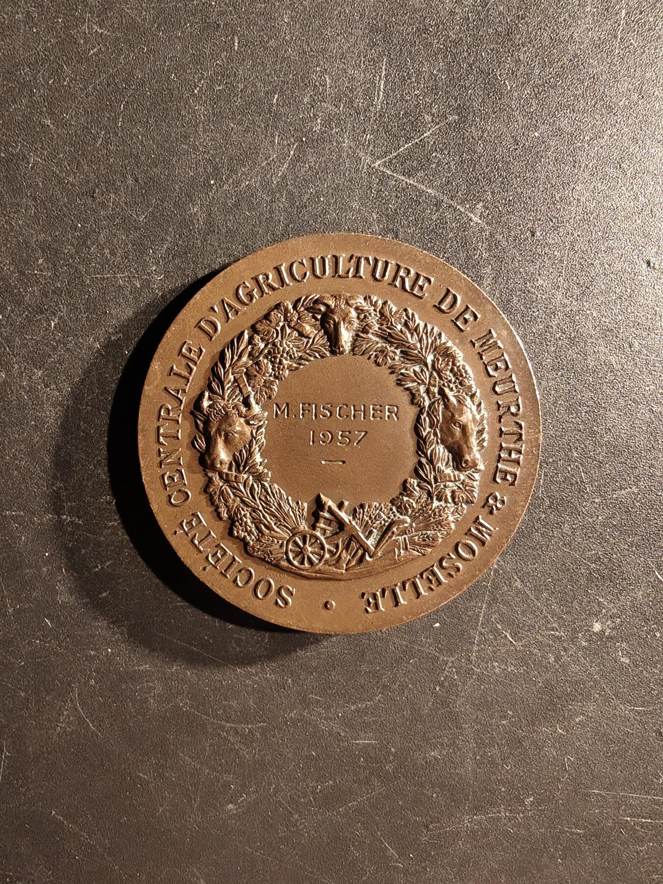 老王徽章第167期 法国默尔特-摩泽尔农业中央协会大铜章     直径41mm.    重量32.2g