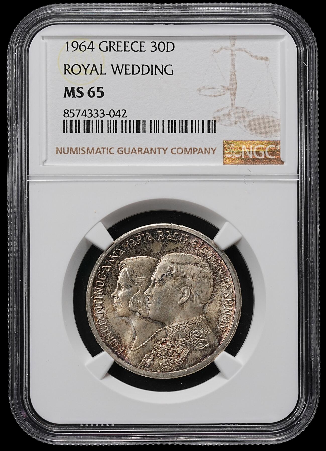 修遠堂世界钱币第九十六期 NGC MS65 1964年希腊国王大婚纪念30德拉克马银币