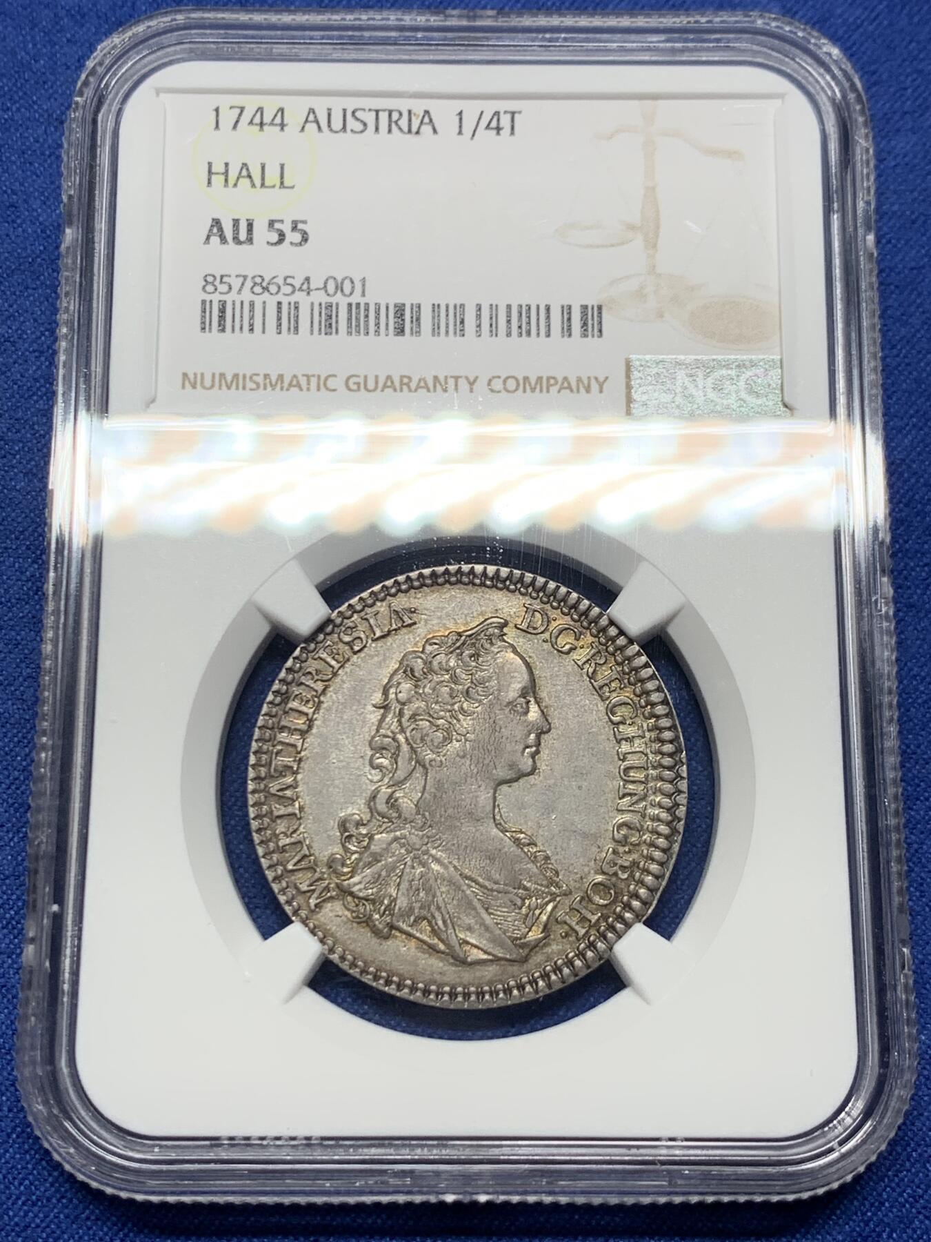 《竞宝斋》第444场 周日，周一，2场连拍 （全场包邮） NGC AU55 神圣罗马帝国1744年特蕾莎女王1/4泰勒银币  季军分，黄油原光包浆，严重低评，稀缺品种