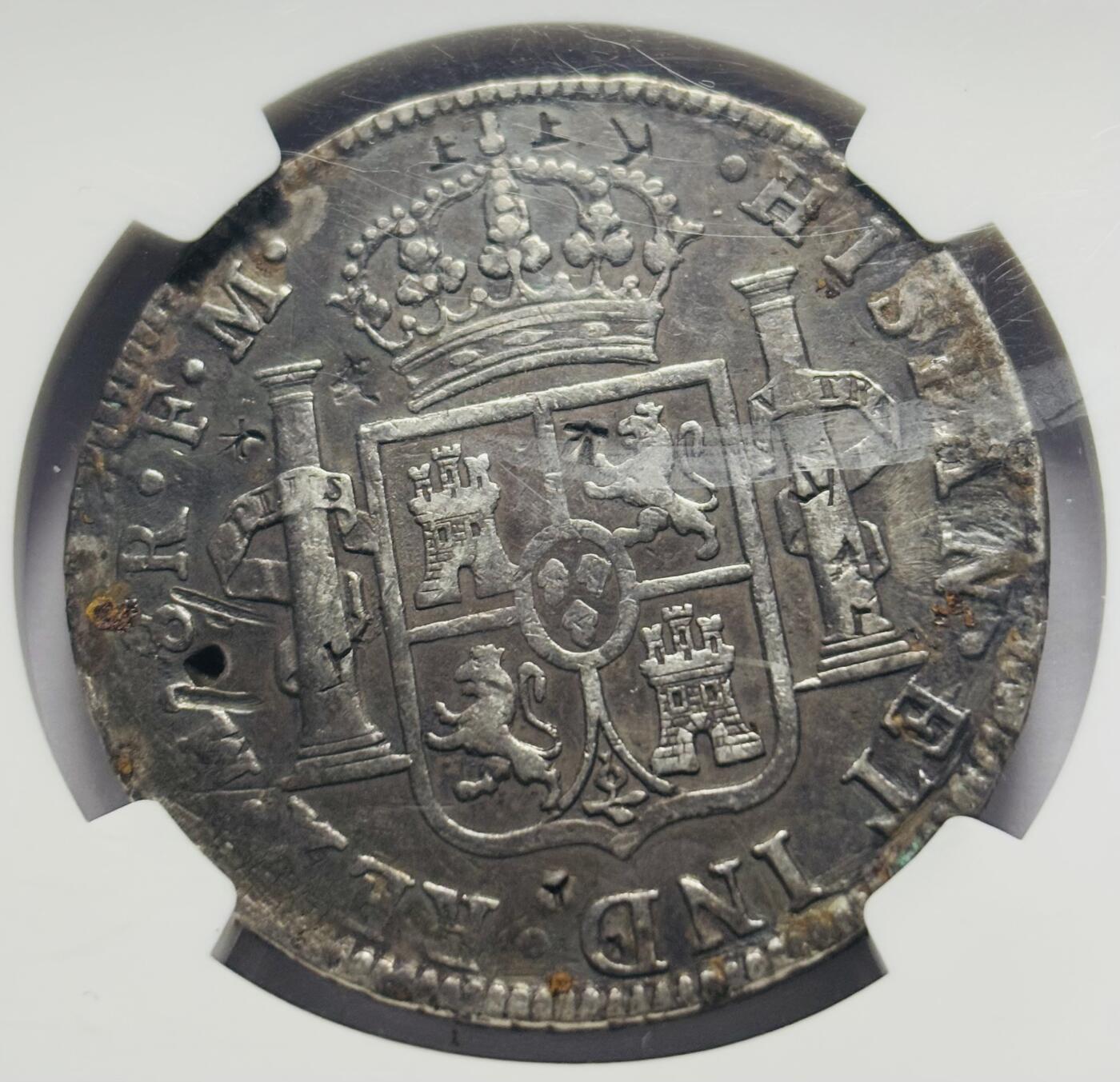 文馨钱币收藏第 283 场，【大雪鉴珍，寒英缀金】金银纪念币精品场，诚邀您的参与【长期接代拍品】 1797 年西属墨西哥 8 里亚尔大银币，NGC评级，有加盖戳记，说明了当时货币交易流通频繁的历史荣光