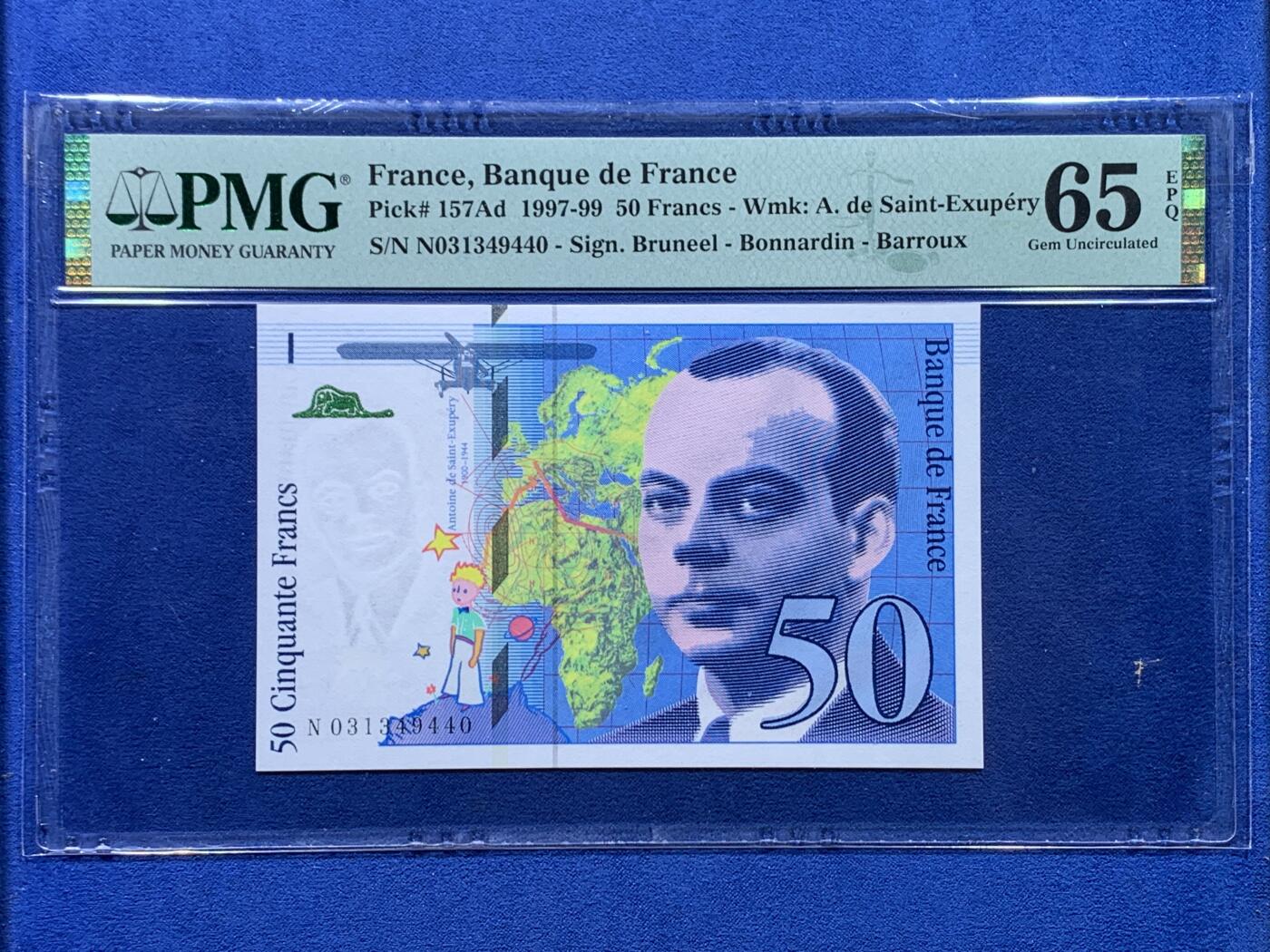 《竞宝斋》第444场 周日，周一，2场连拍 （全场包邮） PMG 65EPQ 法国 1997-99年 小王子 50法郎