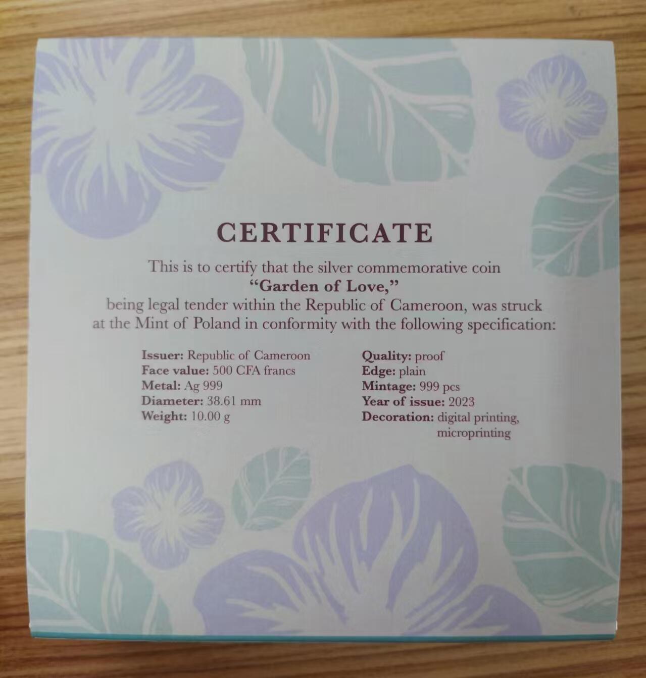 ❤️【币观天下】❤️ 第333期钱币拍卖- 2025.12.5周五晚上6点半场-长期征集拍品 喀麦隆2023，“爱的花园”，激光镭射磨砂,鲜艳数码彩色,microprinting缩微美化防伪技术,彩色精制银币. 盒证全. 超精美漂亮. 国外售价112欧元
