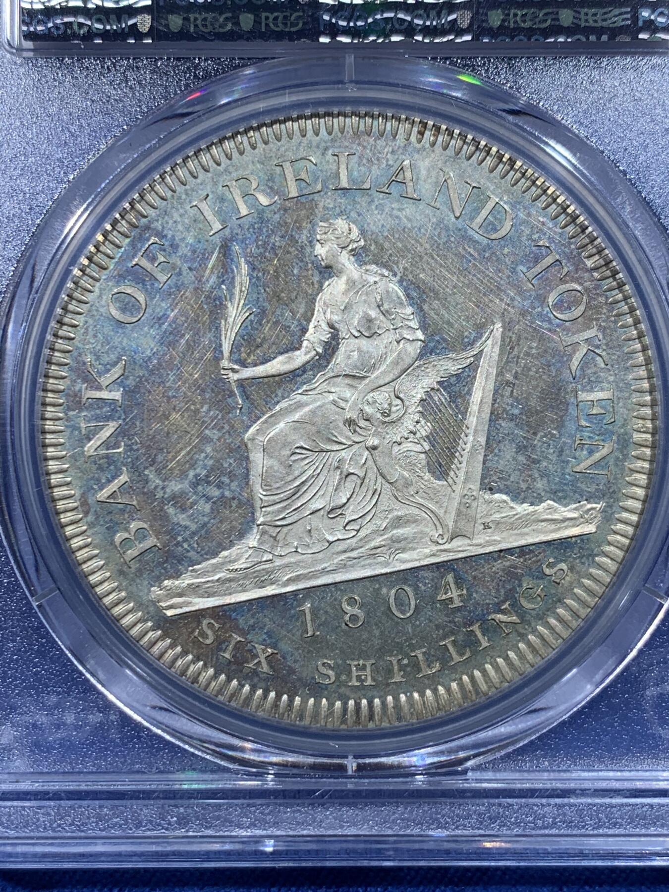 《竞宝斋》第444场 周日，周一，2场连拍 （全场包邮） PCGS PR63CAM 爱尔兰银行1804年乔治三世6先令银币，Cameo镜面底板美不胜收。