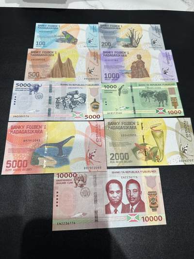 《外钞收藏家》第五百九十期（欧洲强钞、港币、硬通货及丰富裸币大拍场）（本平台长期征集拍品、欢迎藏友们联系合作） - 马达加斯加和布隆迪2套纸币一起 全新UNC 分别是尾3和6