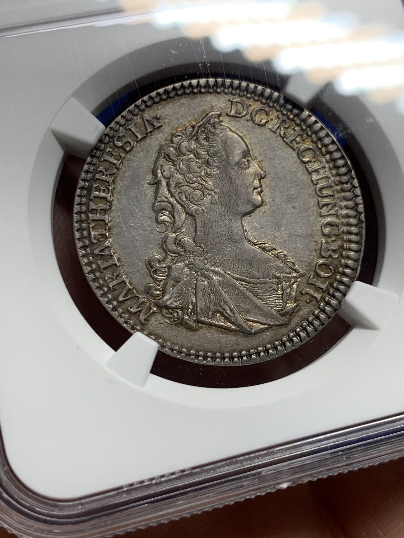 《竞宝斋》第444场 周日，周一，2场连拍 （全场包邮） NGC AU55 神圣罗马帝国1744年特蕾莎女王1/4泰勒银币  季军分，黄油原光包浆，严重低评，稀缺品种