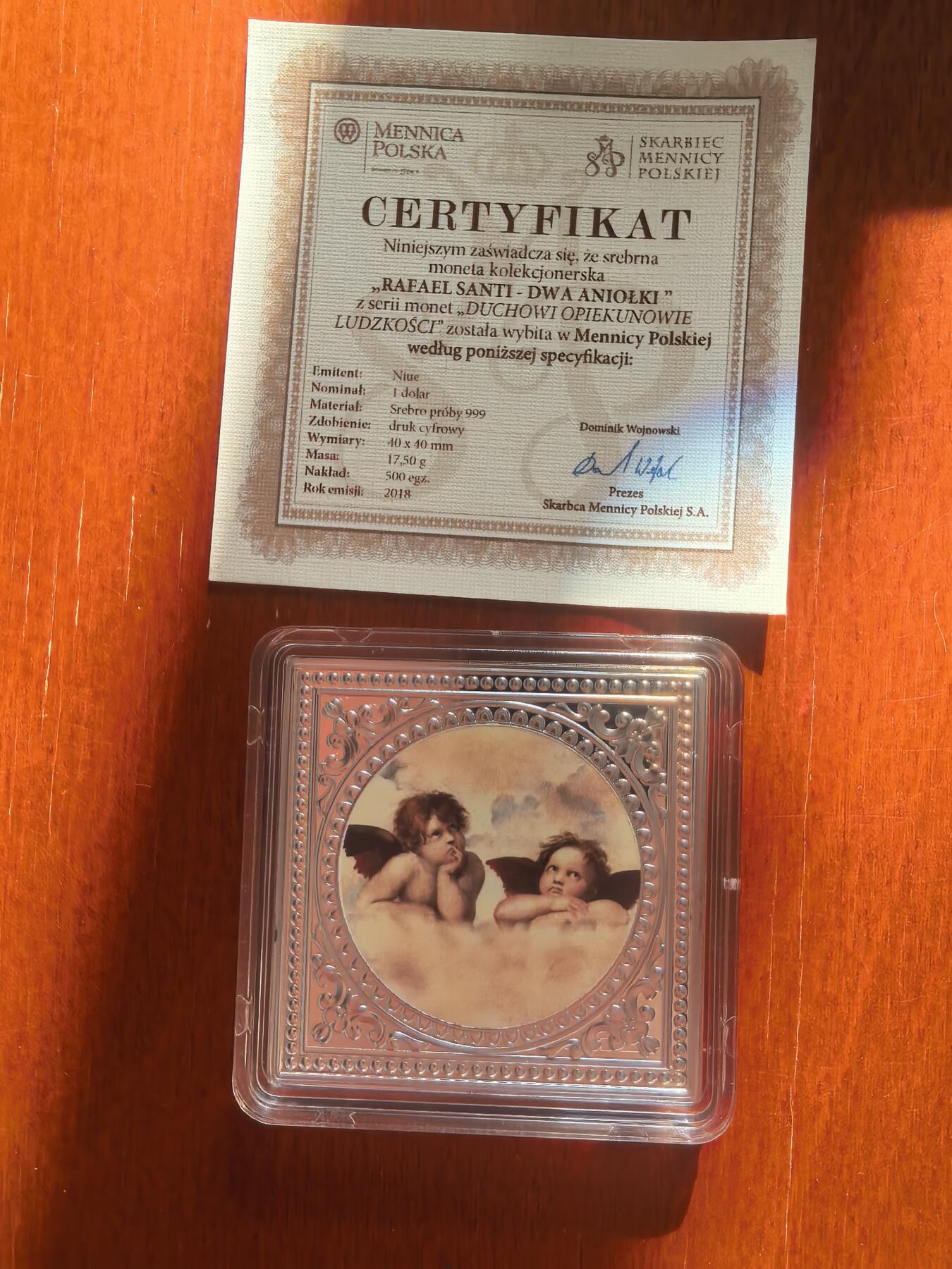 长老汇蛇年精选第七十八场拍卖 2018纽埃拉斐尔名画《西斯廷圣母》中的两个小天使彩色方形银币，17.5克，999银，数码打印技术，500枚，波兰造币厂出品