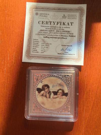 长老汇蛇年精选第七十八场拍卖 - 2018纽埃拉斐尔名画《西斯廷圣母》中的两个小天使彩色方形银币，17.5克，999银，数码打印技术，500枚，波兰造币厂出品