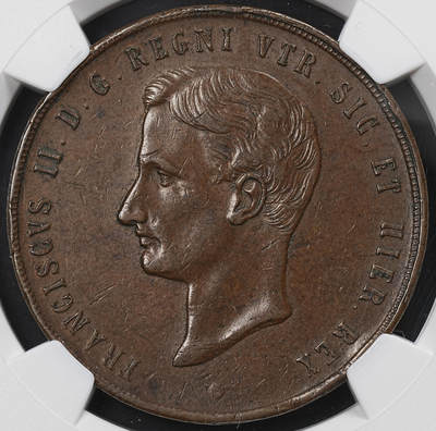 修遠堂世界钱币第九十六期 - NGC AU58BN 1859年那不勒斯和西西里王国10 TORNESI特大铜币 有分难得